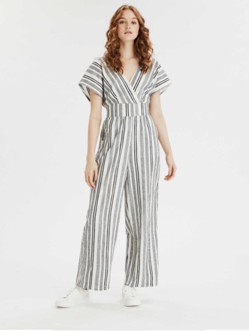 American Eagle Outfitters Gray & White Striped Linen Blend Jumpsuit - Size M